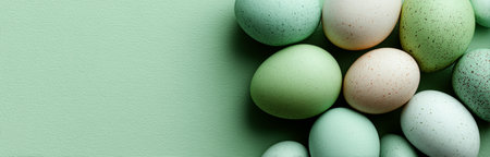 Decorative eggs in various pastel colors are placed on a light green surface. These eggs are often used for spring celebrations and festive decorations.の素材