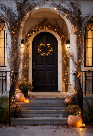 The entrance features a black door adorned with a wreath, surrounded by twinkling lights, pumpkins, and autumn foliage, creating a cozy and inviting atmosphere in the evening.の素材