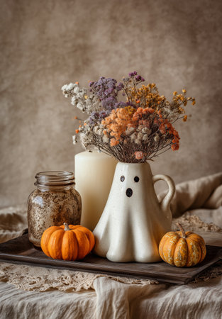 A cozy features display a white ghost figure alongside small pumpkins, a candle jar, and dried flowers in a rustic setting. The warm tones create an inviting autumn atmosphere..の素材