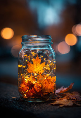 A glass jar filled with vibrant autumn leaves glows softly against a blurred background of warm lights, creating a cozy fall atmosphere during the evening.の素材