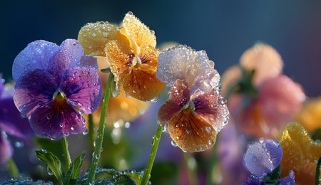 Colorful pansy flowers display vibrant purple, orange, and yellow petals covered in raindrops. The scene captures the freshness of a peaceful morning in a garden..の素材
