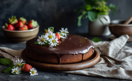 A rich chocolate cake sits on a wooden plate, adorned with fresh flowers and strawberries. The cozy kitchen background features a bowl of fruit and greenery, creating a warm ambiance.の素材