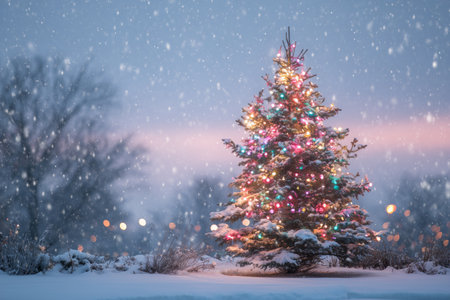 Snow falls gently around a brightly lit Christmas tree standing in a winter landscape.の素材