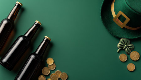 Two brown beer bottles rest alongside gold coins and green shamrocks, set against a bright green background with a small green hat, creating a festive St. Patricks Day scene..の素材