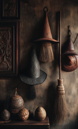 Four black witch hats hang alongside brooms in a dark, old room. A small lantern provides soft light, creating a spooky atmosphere typical of a magical setting at night..の素材