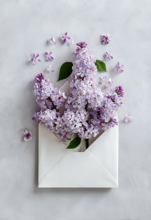 Lilac flowers are beautifully arranged inside a white envelope, with scattered petals around. The scene brings a sense of freshness and springtime elegance to any space.の素材