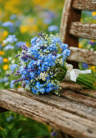 A vibrant bouquet of blue wildflowers is placed on a weathered wooden surface. The surrounding garden is filled with colorful blooms, creating a cheerful and lively atmosphere..の素材