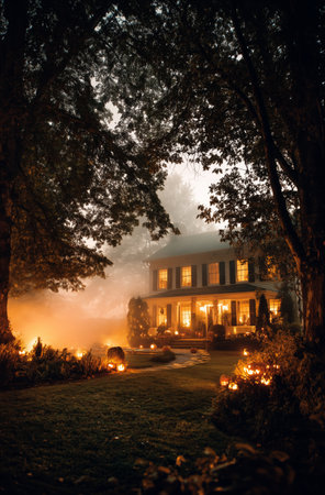 Candles glow warmly around a charming house, creating a cozy yet eerie atmosphere on a foggy Halloween night. Trees stand tall, adding to the mysterious scene.の素材