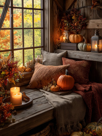 A warm autumn setting showing small pumpkins placed on antique books. A lantern and candles add a soft glow, creating a peaceful atmosphere..の素材