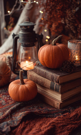 A warm autumn setting showing small pumpkins placed on antique books. A lantern and candles add a soft glow, creating a peaceful atmosphere.の素材