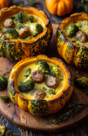 Bright orange pumpkin bowls are filled with creamy soup, chunks of sausage, and fresh broccoli on a wooden serving board. This cozy dish captures the essence of fall.の素材