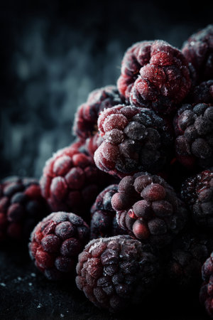 Frosty blackberries rest on a dark surface, their surfaces glistening with ice crystals. Sugar crystals add a sparkle around the berries, creating a wintery scene..の素材
