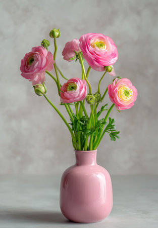 A beautiful arrangement of pink ranunculus flowers stands in a soft pink vase. The delicate blooms display vibrant petals and lush greenery, creating a charming floral decor..の素材