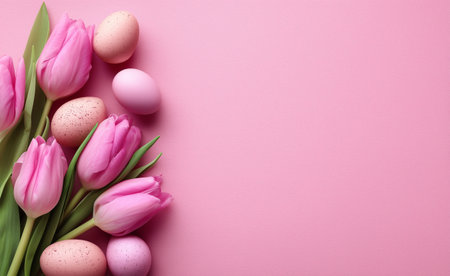Colorful spring display featuring fresh pink tulips arranged with pastel eggs on a soft pink background, capturing the joy of the season and Easter festivities.の素材