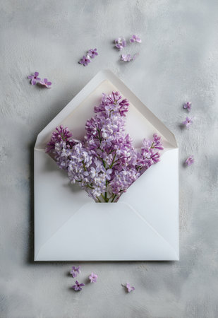 Lilac flowers burst from a white envelope, creating a vibrant display on a gray background. Tiny petals are scattered, enhancing the fresh springtime feel of the scene..の素材