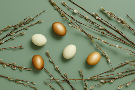 Yellow and white eggs rest on fresh green leaves, showcasing a natural decoration perfect for Easter festivities during springtime..の素材