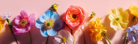 Lovely blooms in various colors are neatly arranged on a soft pastel surface. This vibrant display showcases the beauty of spring flowers, creating a cheerful atmosphere.の素材