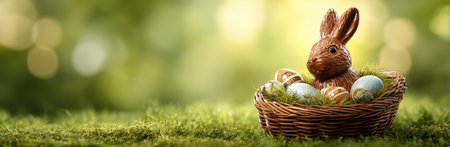 A woven basket holds a chocolate bunny alongside colorful speckled eggs resting on fresh green grass in a sunny, spring setting, creating a festive atmosphere.の素材