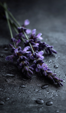 Lavender sprigs lie on a dark, textured surface with droplets of water glistening. The soothing purple hue creates a calm atmosphere perfect for relaxation.の素材