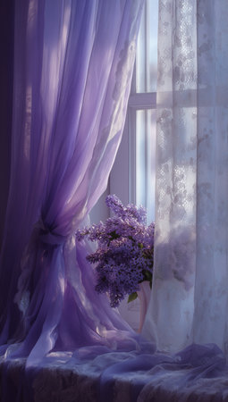 Soft morning light shines through delicate lace curtains, creating a serene atmosphere. Fresh lavender rests gently on a fabric surface, adding a calming touch to the space..の素材