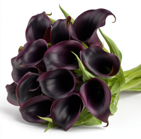 A beautiful bouquet of dark purple calla lilies stands proudly against a softly blurred background, showing their elegant curves and rich color..の素材