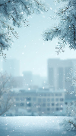 Snow falls softly, creating a cozy atmosphere around a bustling city. Frosted tree branches frame the view of the distant buildings, adding a magical winter touch..の素材
