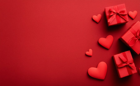 Red gift boxes with bows and paper hearts are arranged on a light surface, creating a cheerful and festive atmosphere perfect for celebrations and special moments..の素材