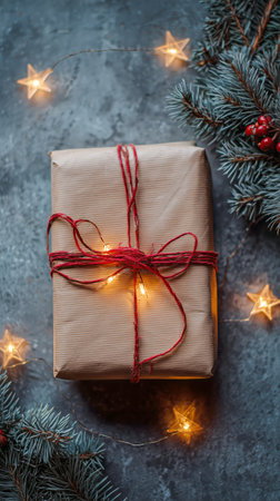 A lovely brown package tied with red string sits on a dark surface, surrounded by green pine branches, red berries, and soft glowing lights, capturing the spirit of the holiday season..の素材