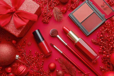 Bright red makeup products are arranged on a red background adorned with festive decorations, creating a cheerful mood for holiday celebrations.の素材