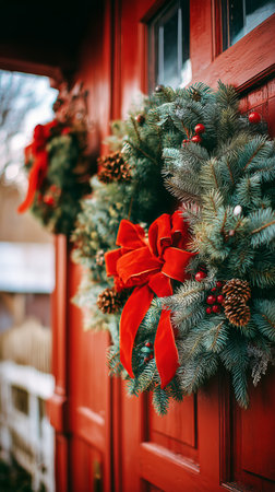 Festive wreaths adorned with red bows and pinecones hang on a vibrant red door, creating a warm and welcoming atmosphere during the holiday season.の素材