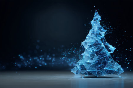 A modern Christmas tree made of glowing geometric shapes stands brightly in a dark area. The blue lights create a festive atmosphere perfect for the holiday season..の素材