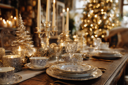 A beautifully arranged dining table showcases fine china, sparkling candles, and decorative elements, creating a warm, festive atmosphere for holiday gatherings.の素材