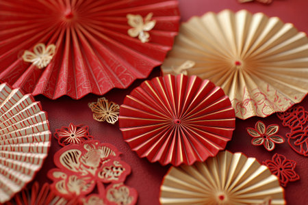 Red and gold paper decorations create a vibrant display on a red surface, perfect for celebrations. The design features intricate shapes and patterns, enhancing the festive atmosphere.の素材