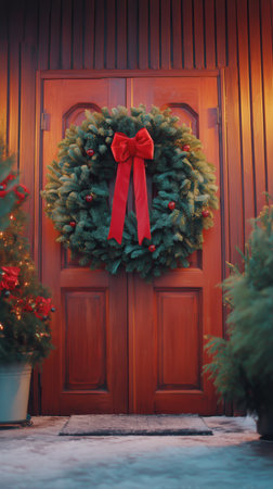 Festive wreaths adorned with red bows and pinecones hang on a vibrant red door, creating a warm and welcoming atmosphere during the holiday season..の素材