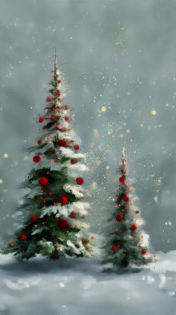 Snow-covered landscape features two Christmas trees decorated with red ornaments, creating a festive atmosphere on a chilly winter day.の素材