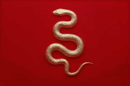 A golden snake gracefully wraps around a branch adorned with delicate cherry blossoms against a striking red backdrop, showing beautiful details and vibrant colors..の素材