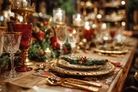 A beautifully arranged Christmas dinner table features fine china, red ornaments, and glowing candles. The festive setting creates a warm and inviting atmosphere for the holiday meal..の素材