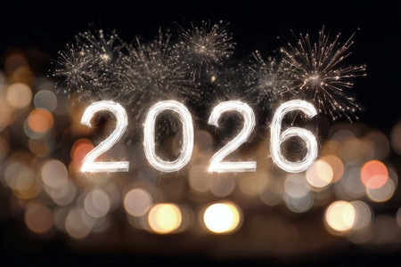 Colorful fireworks light up the night sky as people celebrate New Year 2026 in an urban setting. The atmosphere is filled with joy and excitement as the countdown begins.の素材