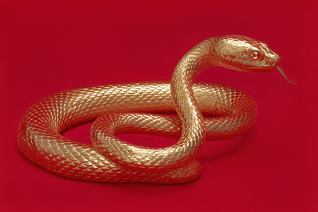 A lifelike golden snake sculpture rests on a bright red background. The detailed design highlights the scales and curves of this striking piece, emphasizing its artistic craftsmanship.の素材