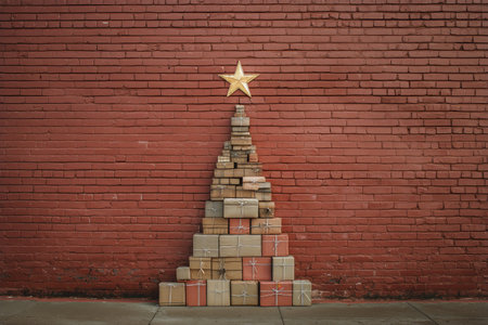 A unique holiday decoration features stacked boxes forming a Christmas tree shape against a red brick wall. A golden star sits atop, creating a festive atmosphere.の素材