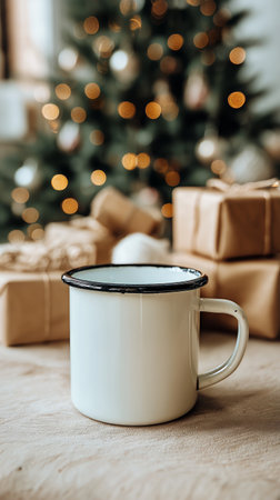 A white mug sits on a table in a warm setting. Soft holiday lights shine from a Christmas tree in the background, creating a cozy atmosphere perfect for winter gatherings..の素材