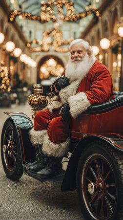 Santa Claus in a red suit with white fur trim sits cheerfully in an antique car. The setting is decorated for the holiday season, with lights and festive decor in the background..の素材