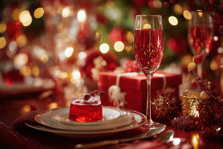 A beautifully arranged table features red sparkling drinks and a dessert, surrounded by holiday gifts and warm, glowing lights. Perfect for a festive gathering.の素材