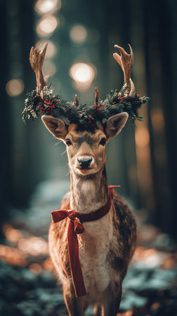 A deer stands proudly in a forest, adorned with a beautiful wreath and a red ribbon. Soft golden light filters through the trees, creating a magical atmosphere in the woods.の素材