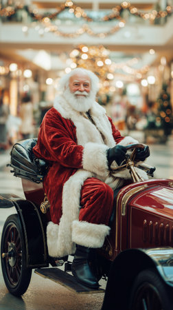 A cheerful Santa Claus in a red suit enjoys a ride on a vintage car inside a busy mall decorated for Christmas. Shoppers admire the festive atmosphere surrounding him.の素材