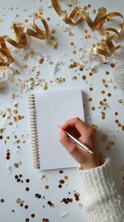 A hand holds a pen, writing in an empty notebook placed on a white surface adorned with golden confetti and curling ribbons, setting a celebratory mood.の素材