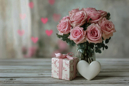 A bouquet of pink roses sits in a glass vase beside a decorative gift box and a white heart. This setup creates a warm and romantic atmosphere perfect for celebrations.の素材