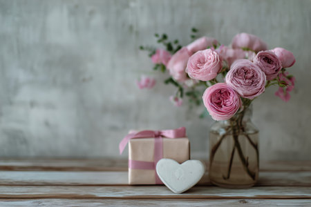 Fresh pink roses are arranged in a clear glass vase on a wooden table. Beside them, a small gift box with a ribbon and a heart-shaped object add charm to the scene..の素材
