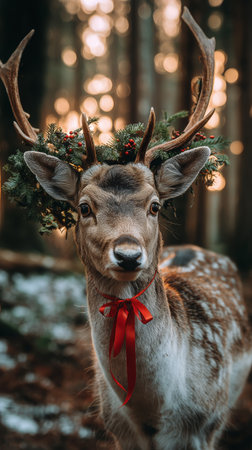 A deer adorned with a wreath of greenery and red berries stands gracefully in a forest. The sun sets, casting a warm glow through the trees..の素材