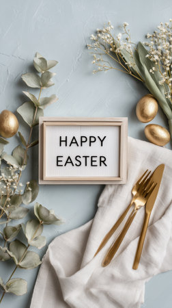 A festive arrangement showcases a framed sign reading Happy Easter, surrounded by gold eggs, greenery, and elegant cutlery on a soft table surface, perfect for holiday gatherings.の素材